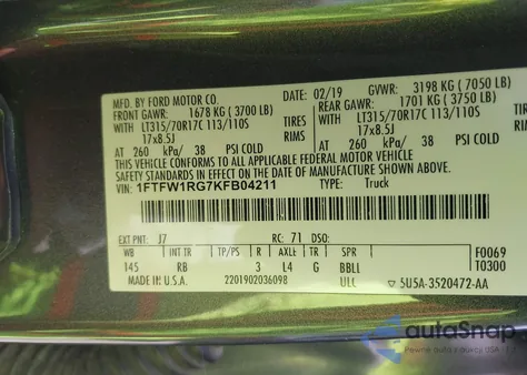 2019 Ford F-150 Raptor z USA, uszkodzony, nr VIN 1FTFW1RG7KFB04211